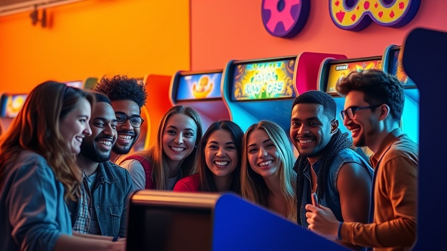 Diverse friends enjoying retro gaming at an arcade, celebrating Datenschutz beim Spielen.