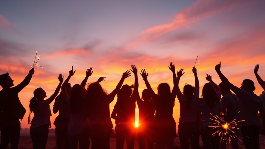 Menschen feiern digitale Freiheit bei Sonnenuntergang mit Lichtstrahlen.