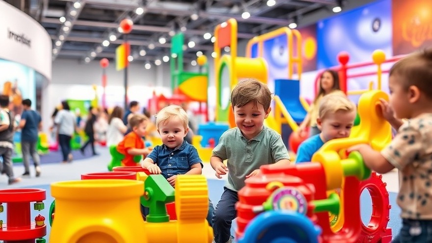 Children enjoying innovative toys at a vibrant playground exhibition, showcasing trends in childhood education.