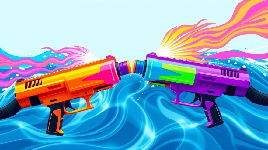 Vibrant electric water guns against a stylized water wave, promoting Wasserspiele and motorische Fähigkeiten.