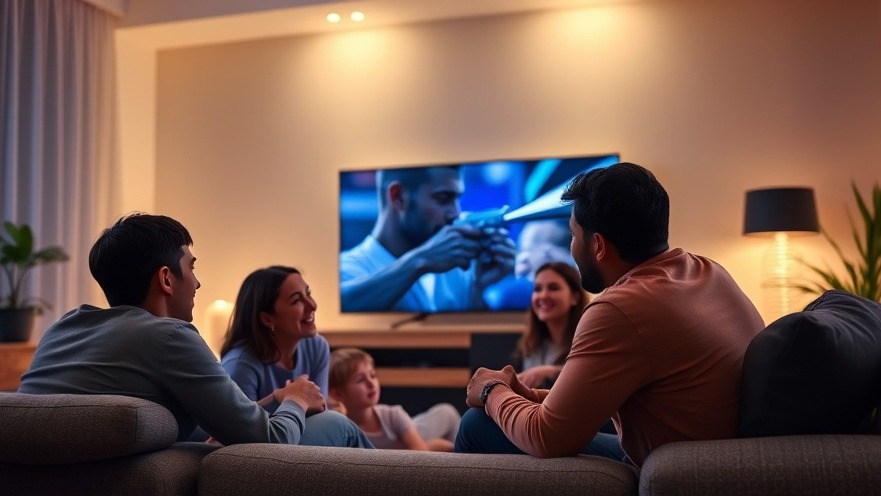Cozy living room with family enjoying movies on a Smart-TV, highlighting moderne Technologie.