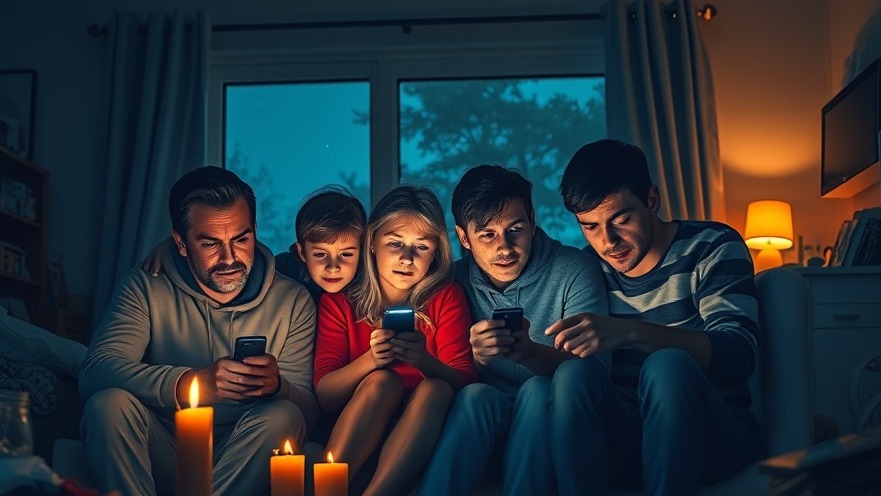 Stromversorgung während eines Stromausfalls: besorgte Familie mit Kerzen und Taschenlampen.