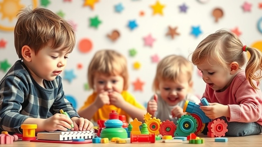 Lebendiges Magazin-Cover mit Kindern, die Pädagogisches Spielzeug nutzen.