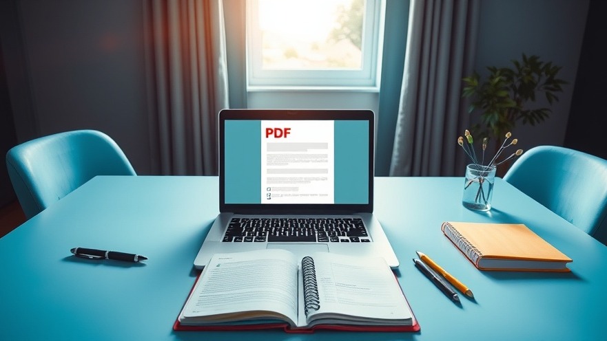 Elegante Arbeitsumgebung mit Laptop zur PDF-Dokumenten bearbeiten, helles Licht und moderne Farben.
