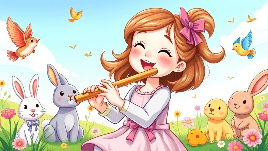 Colorful book cover for Musik für Kinder, featuring a joyful girl playing flute in a vibrant landscape.