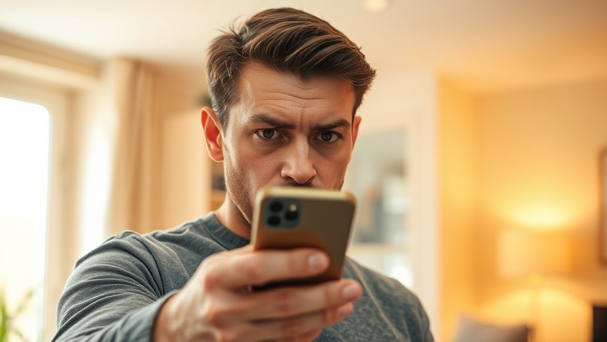 Besorgte Person mit Smartphone, Gedanken über Datenschutz und digitale Sicherheit.