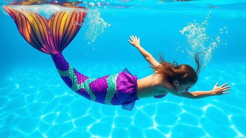 Young girl in a colorful Meerjungfrau Kostüm swimming with a vibrant Schwimmflosse underwater.