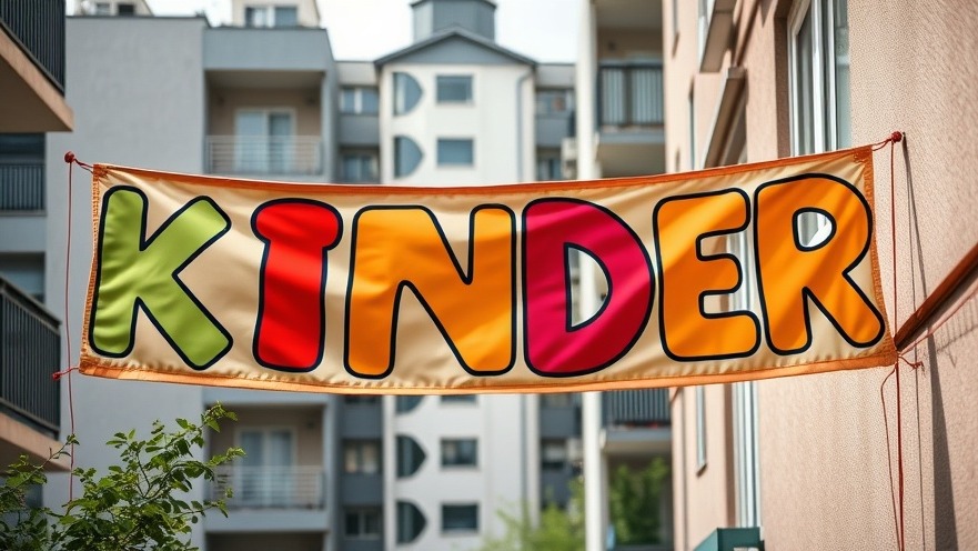 Bunte Kinder-Banner mit großen Buchstaben KINDER an einem Balkon, Gemeinschaft in der Stadt.