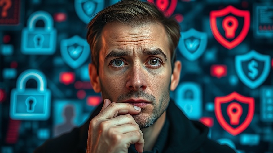 Thoughtful person surrounded by data icons, highlighting Datenschutz and personal data concerns.