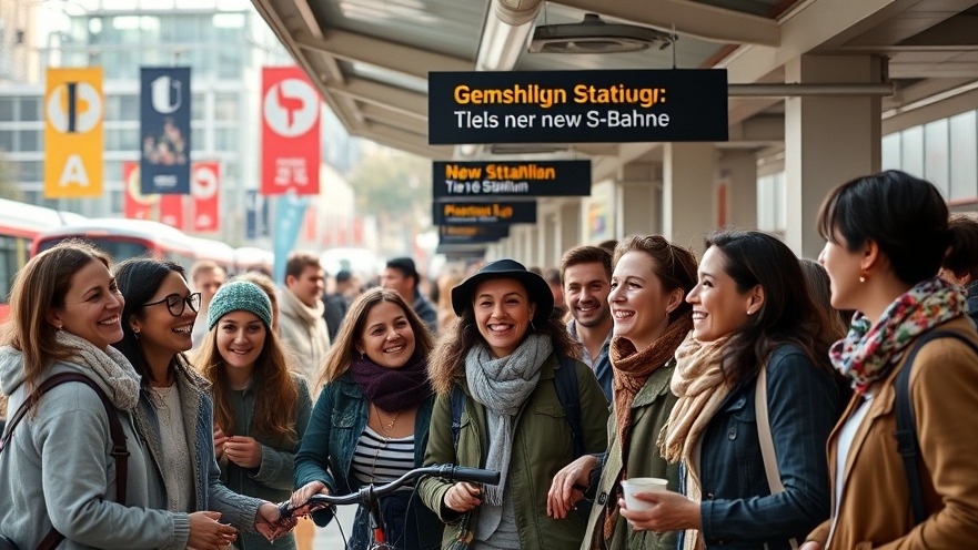Joyful community gathering at a new S-Bahn station, highlighting Bahnhof Umbau.