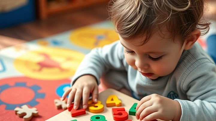 Child enhancing räumliches Denken with pädagogische Puzzles on a vibrant play mat.