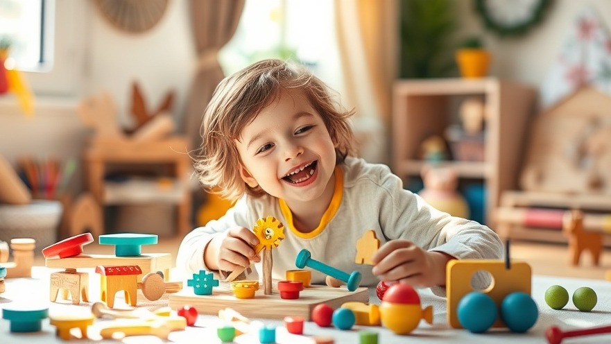 Ein fröhliches Kind spielt mit nachhaltigen Spielzeugen aus Holz, fördert kognitive Entwicklung.