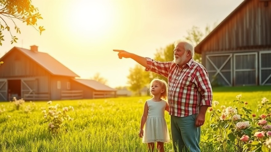 Hofübergabe zwischen Generationen: Ein Großelternteil zeigt dem Enkelkind die Zukunft auf dem Familienhof.