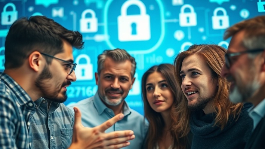 Diverse group discussing data protection and Passwortschutz with secure digital visuals.