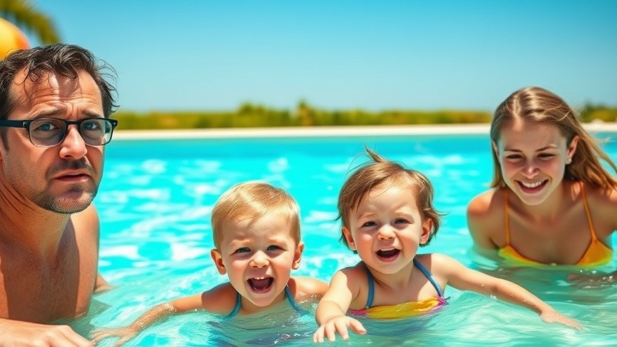 Familie am Schwimmbad mit Besorgnis über Chlorchemikalien, Schwimmbadsicherheit betont.