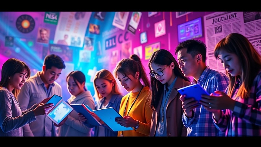 Vibrant scene of journalists and readers engaging with digital devices, highlighting digitale Privatsphäre.