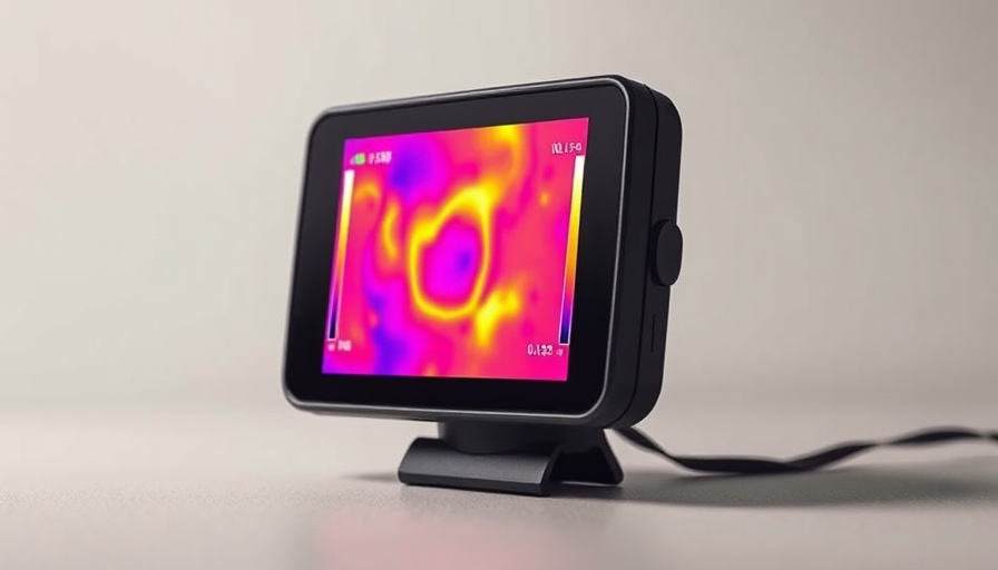 Sleek thermal camera with colorful display on neutral surface.
