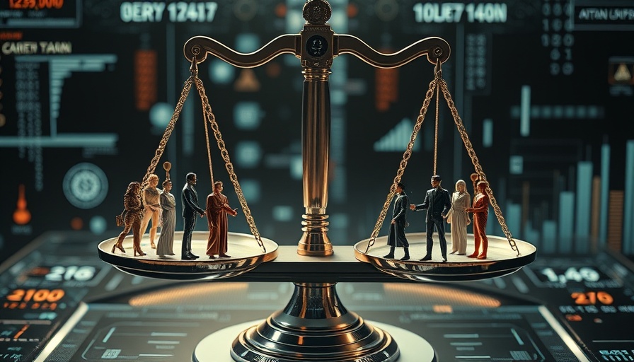 AI bias depicted with a balance scale and holographic elements.