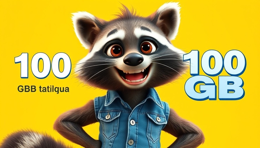 Cartoon raccoon advertises SIMon mobile 100 GB Tarif with joy.