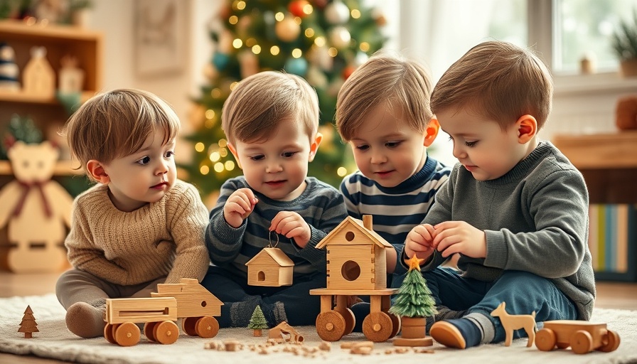 Kinder spielen mit öko-freundlichem Spielzeug vor dem Weihnachtsbaum.