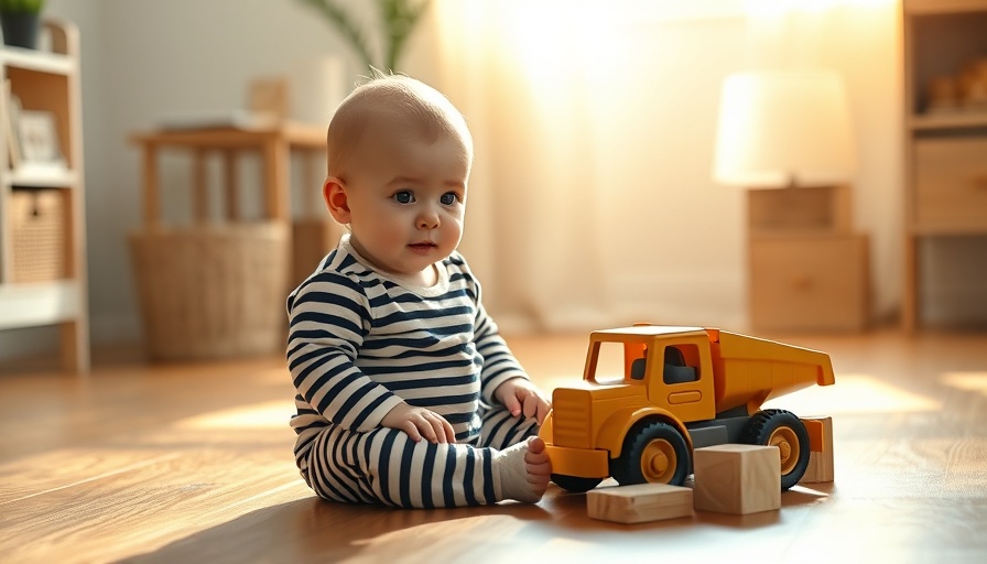Baby playing with toy truck and blocks on wooden floor, development.