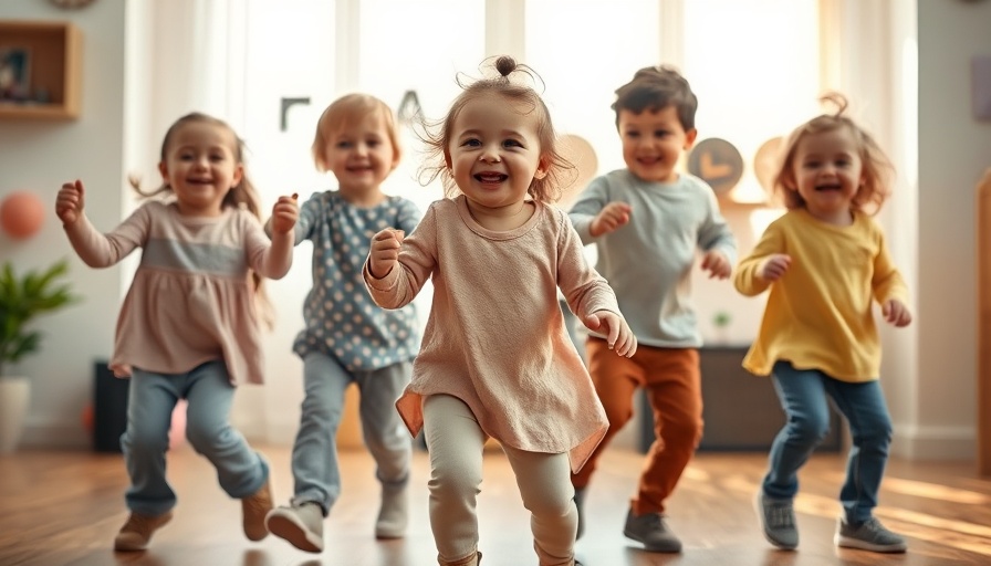 Joyful toddlers dancing and smiling with music, bright room.
