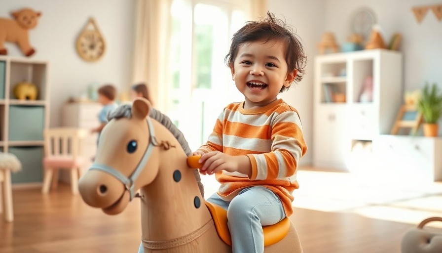 Child enjoying a rocking horse in a bright playroom with toys.