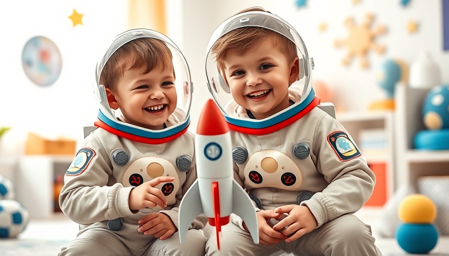 Children in astronaut costumes playing with toy rocket, illustrating benefits of creative play.