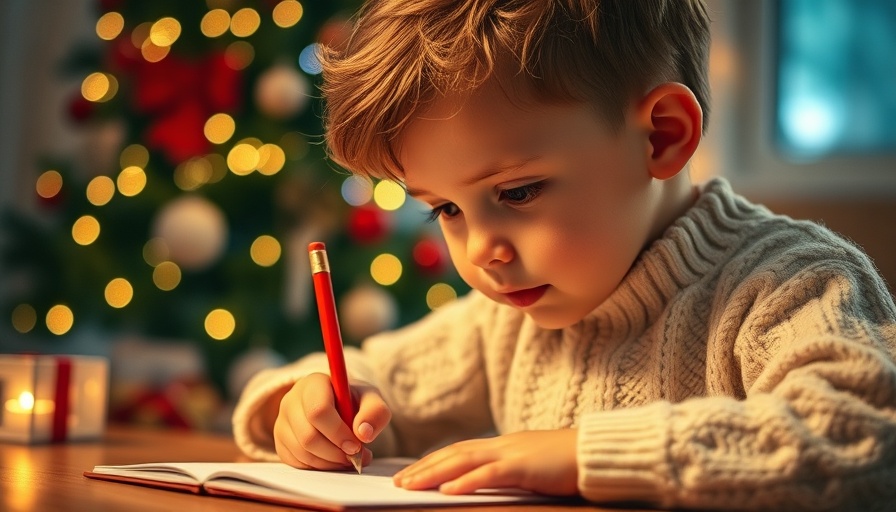 Child enjoying holiday traditions through play, writing by Christmas tree.