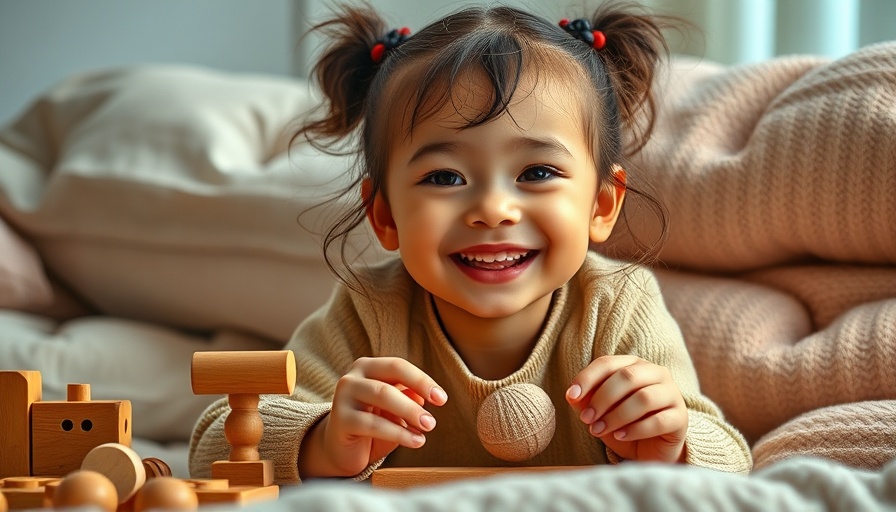 Young girl playing joyfully with toys, teaching children kindness theme.