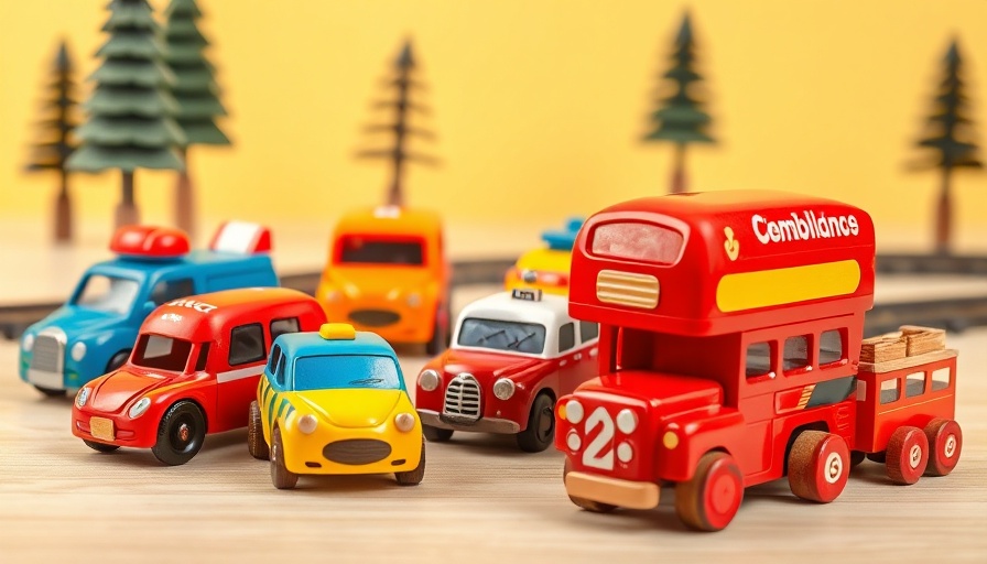 Colorful plastikfreie Holzspielzeugautos on display with train tracks.