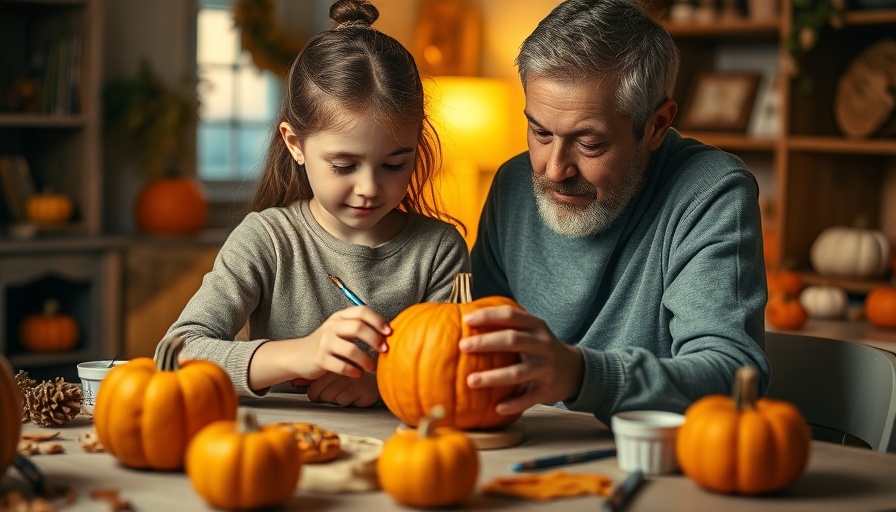 Halloween sicher für Kinder: Girl in witch hat painting pumpkin with adult.