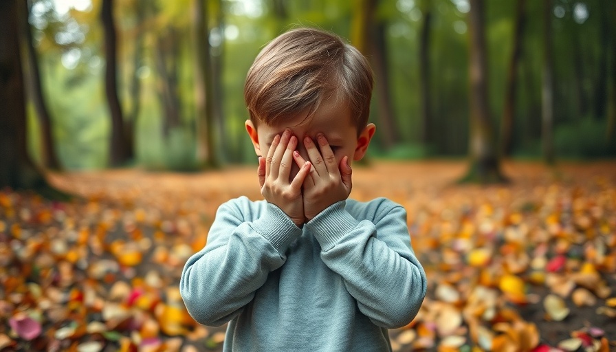 Worried young boy in forest hiding face, dangerous toys