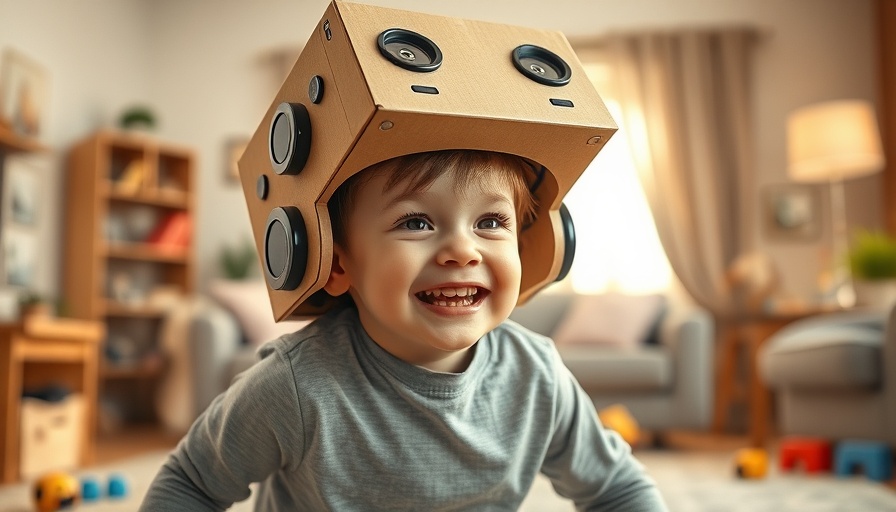 Child creating with Makedo tools, wearing a cardboard robot helmet.