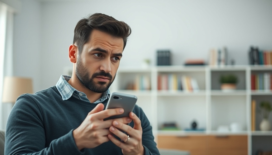 Man thinking about smartphone lifespan, modern living room.