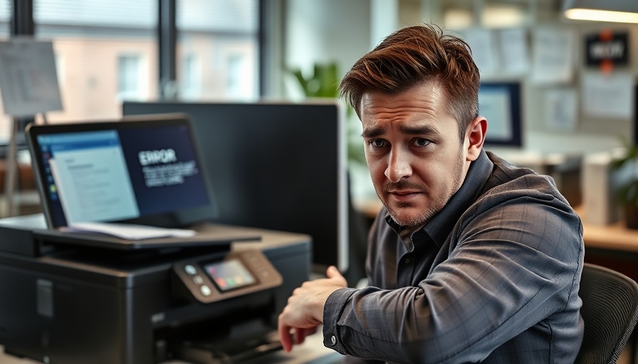 Person experiencing Windows Update printer issues in office, frustrated.