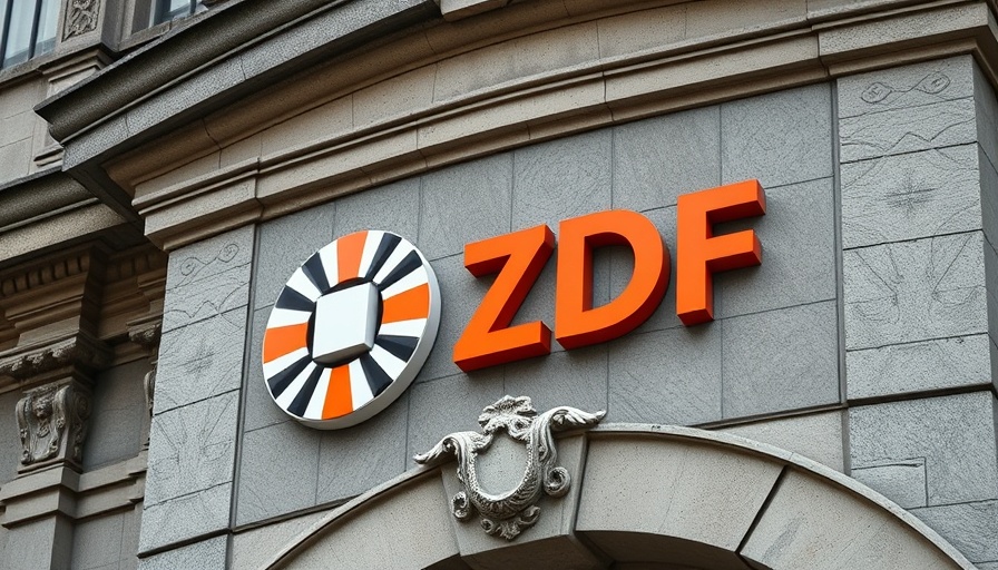 ZDF logo on building facade with detailed stonework. ZDF Mediathek Datenschutz.