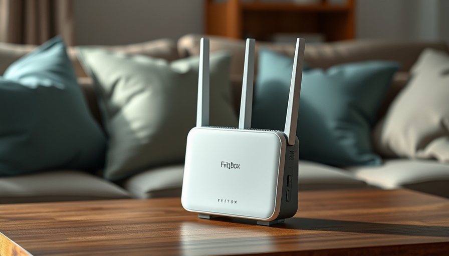 FritzBox router on wooden table in cozy home setting.