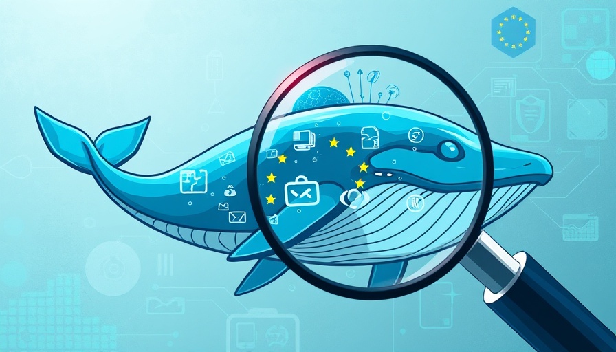 Futuristic blue whale with GDPR and cybersecurity motifs