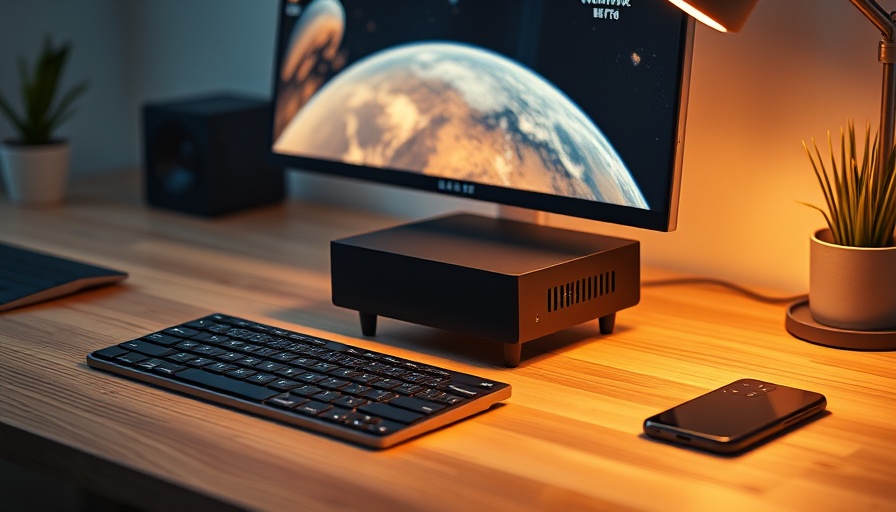 Sleek Mini-PC on desk with monitor, keyboard, and books