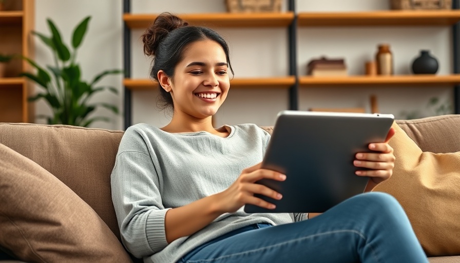Smiling woman using a günstiges 11-Zoll-Tablet für Datenschutzbewusste.