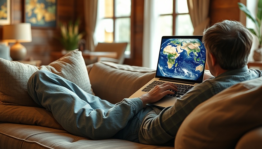 Person watching Earth view on laptop in cozy setting, warm lighting.