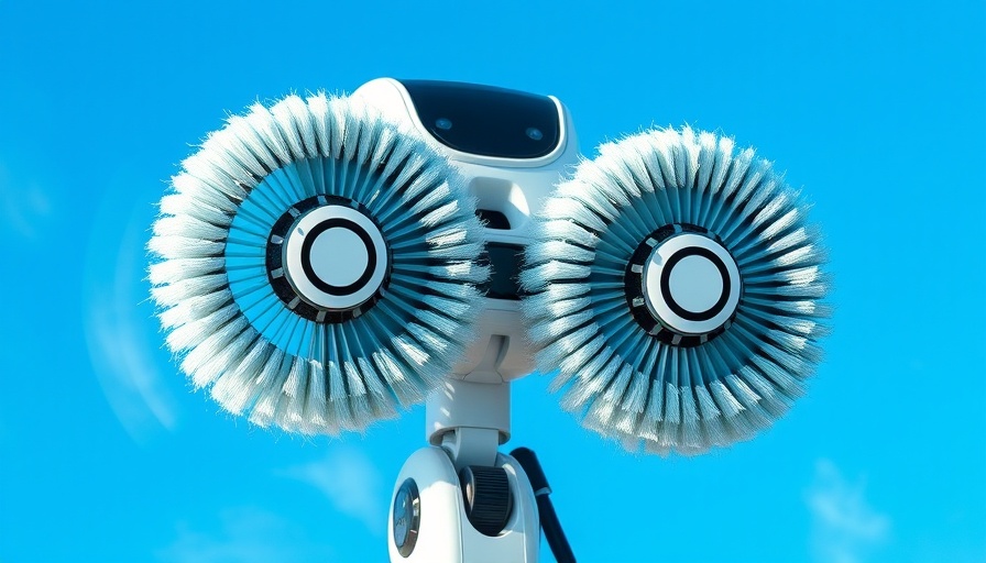 Fensterputzroboter cleaning glass window with blue sky background.