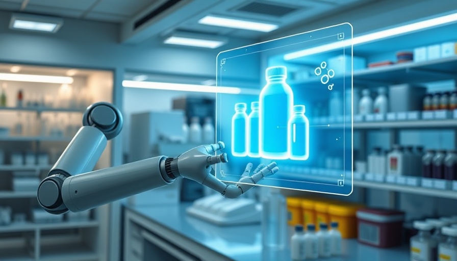 Futuristic lab showcasing AI packaging design with robotic arm.