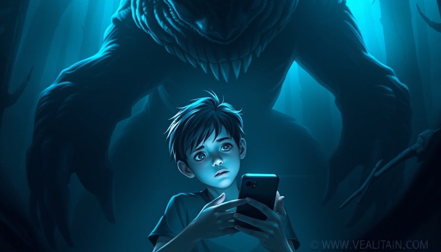 Illustration of a boy facing digital monster, highlighting Risiken von Spionage-Apps für Kinder.