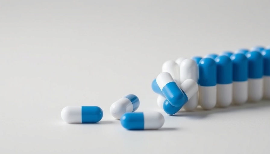 Blue and white capsules, one tipped over, in a minimalistic layout.