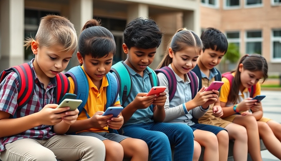 Children using smartphones at school, highlighting phone use.
