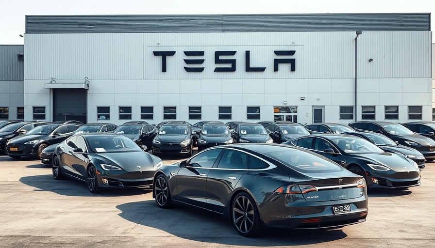 Tesla cars parked in front of Tesla building, showcasing brand.
