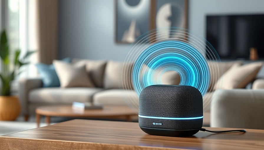 Smart speaker capturing voice data on desk in stylish room for cloud storage.