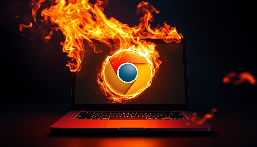 Chrome security vulnerability depicted with fiery logo on laptop
